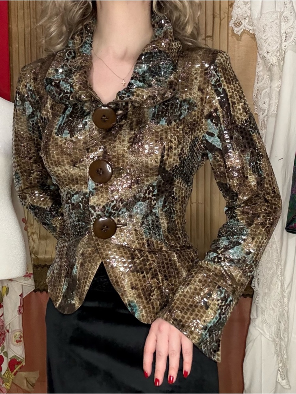 Vintage 90’s Brown Metallic Snake-Print Blazer with Aqua Accents